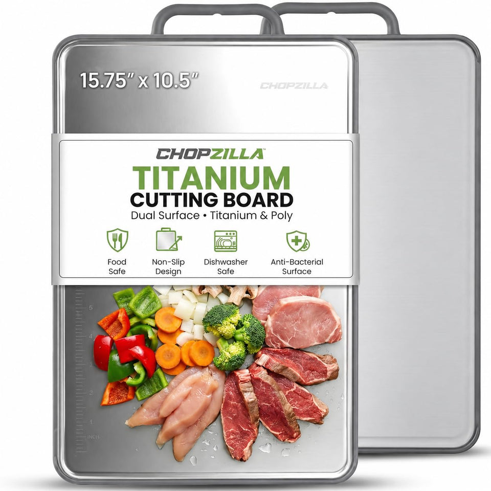 Chopzilla titanium cutting board top view showing a sturdy surface for all prep tasks.