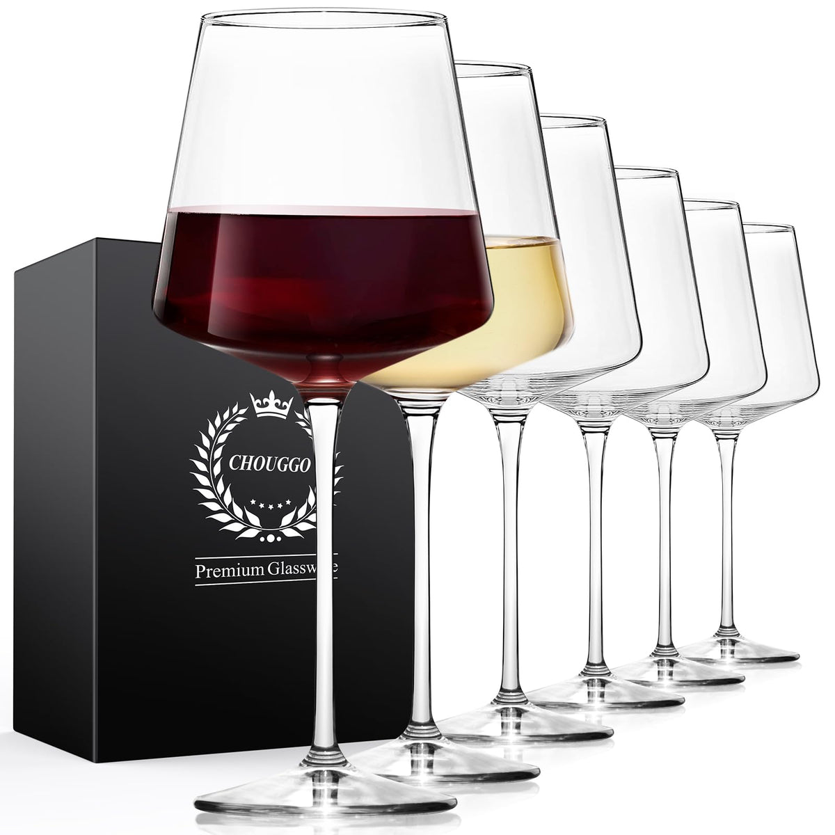 Chouggo 21oz crystal wine glasses with tall stems for elegant entertaining.