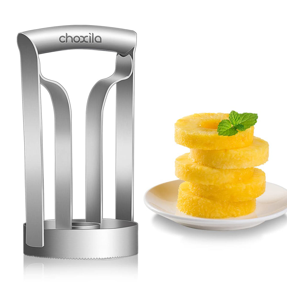 Choxila large pineapple corer in action slicing a ripe fruit quickly for fresh servings.
