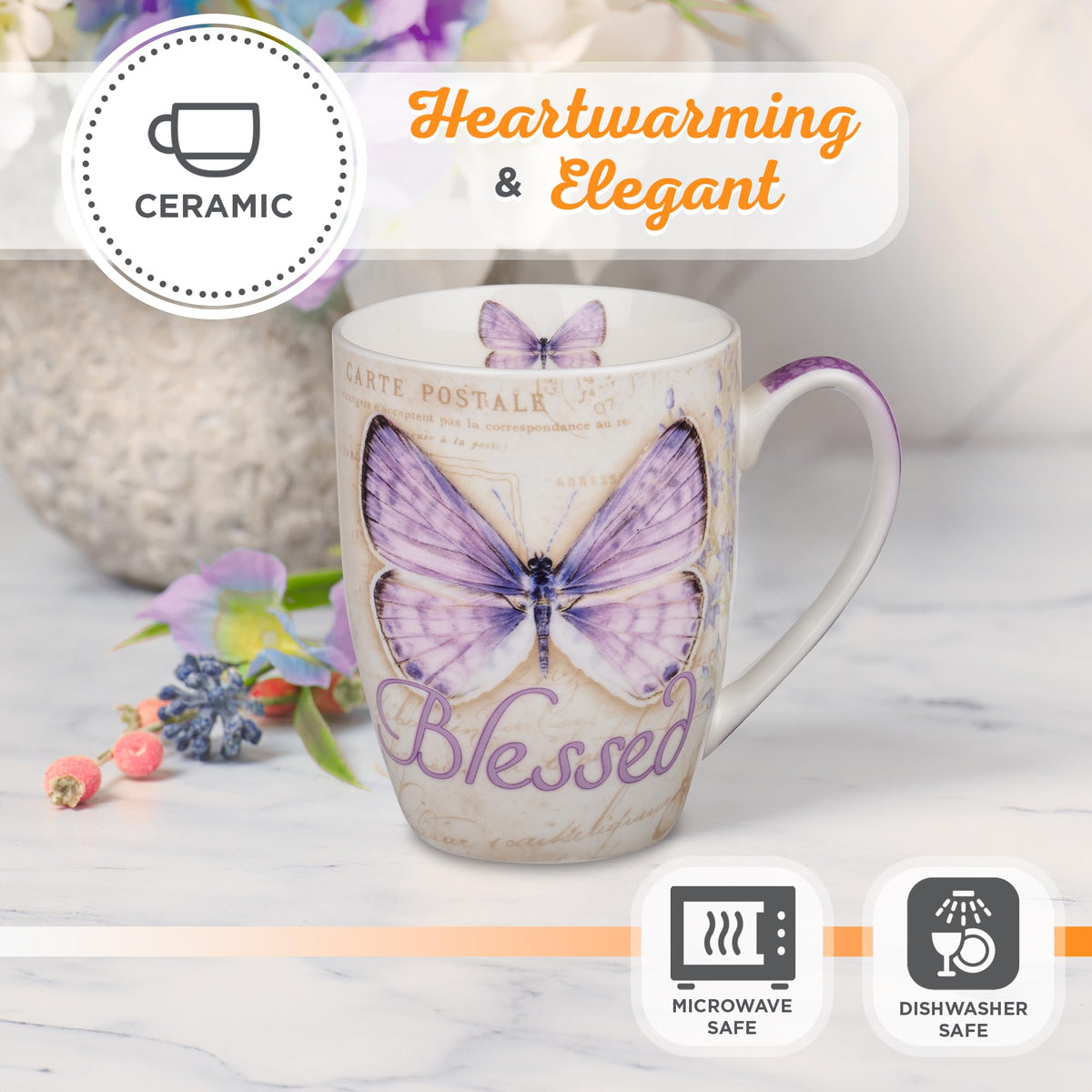 Christian Art Gifts butterfly mug closeup design detail with handwritten words