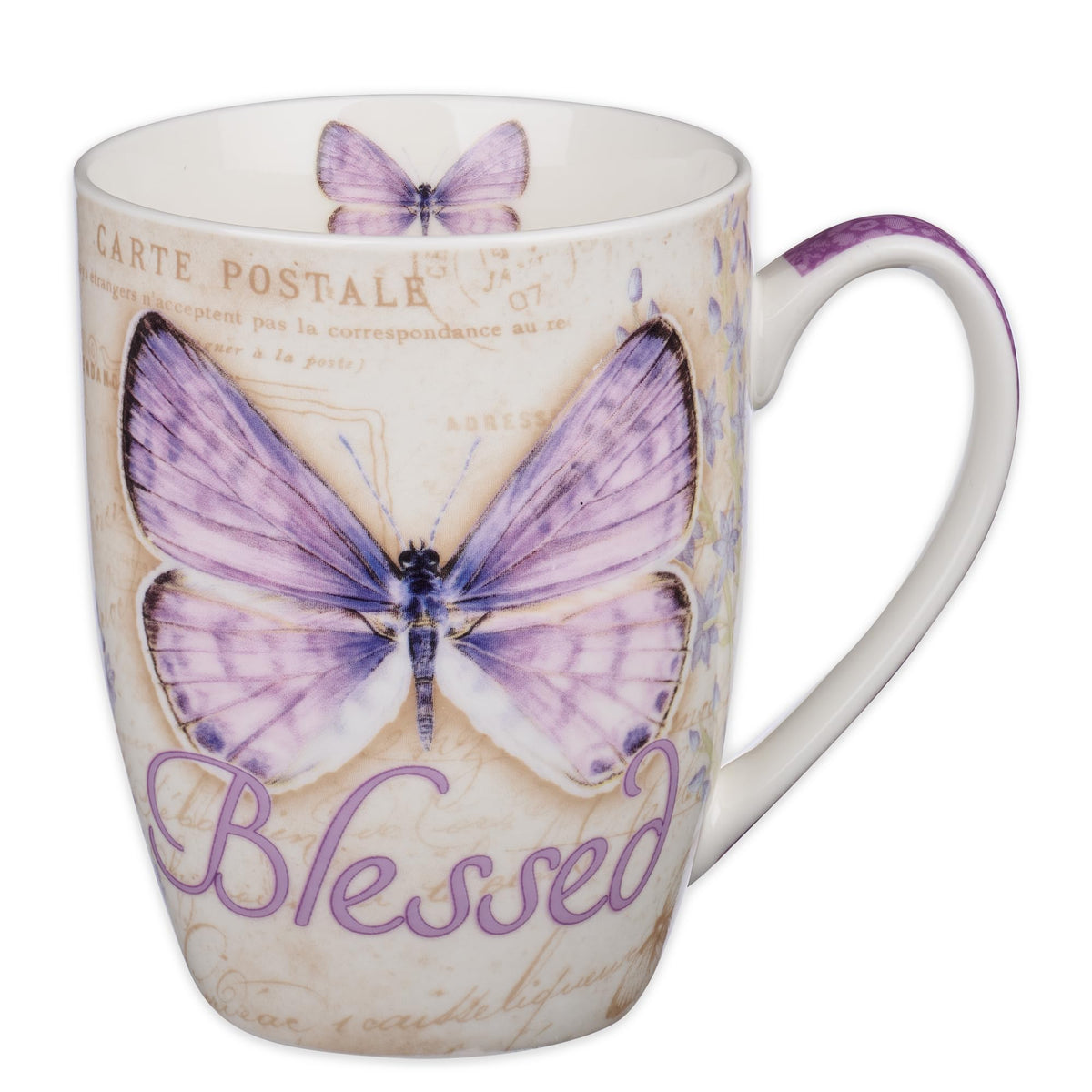 Christian Art Gifts botanic purple butterfly mug front view for daily inspiration