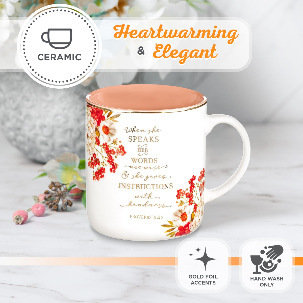 Christian Art Gifts floral mug shows gold accents, bringing elegance to tea time.