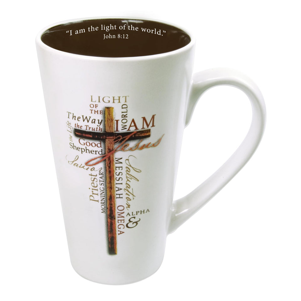 Christian Art Gifts Light of the World mug front view, durable glaze for daily coffee.