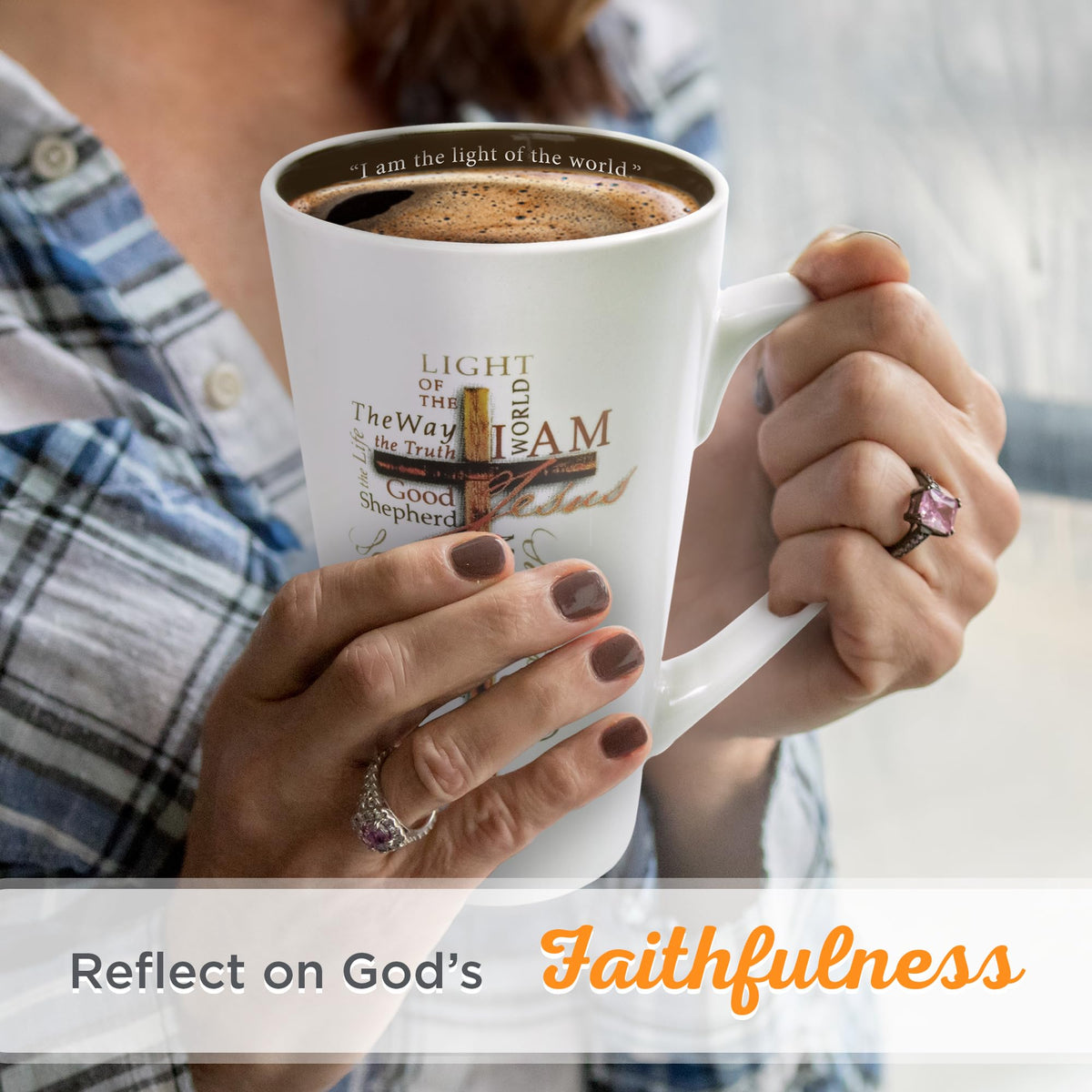 Christian Art Gifts Light of the World mug side with handle, sturdy everyday use.