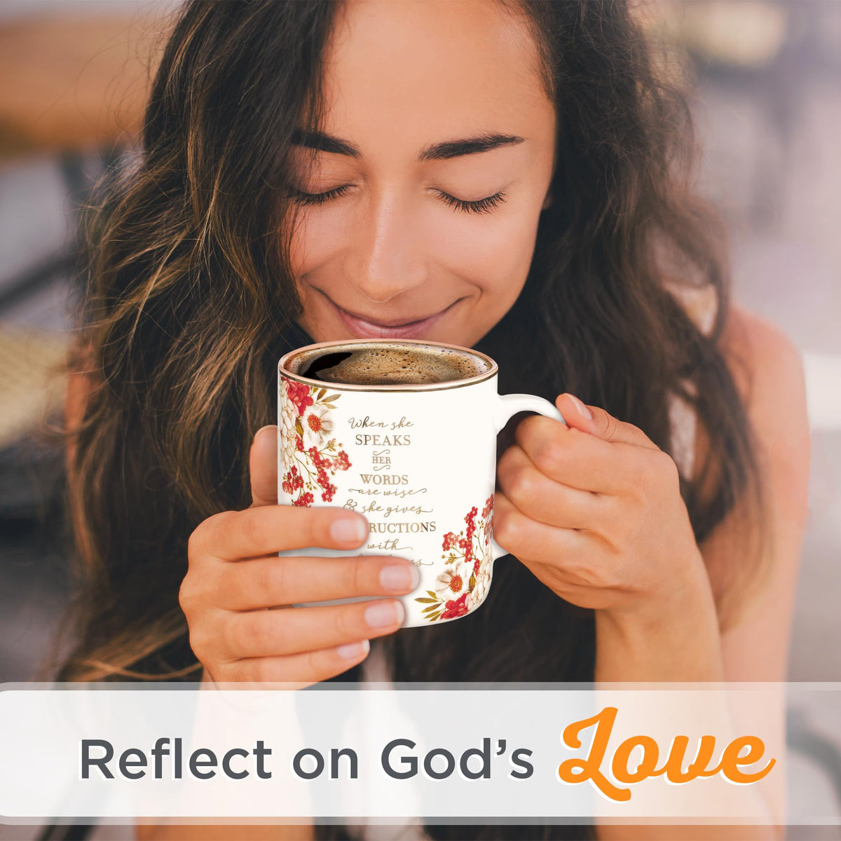 Christian Art Gifts When She Speaks Proverbs 31:26 mug with florals, perfect for coffee.