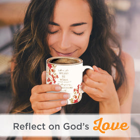 Christian Art Gifts When She Speaks Proverbs 31:26 mug with florals, perfect for coffee.