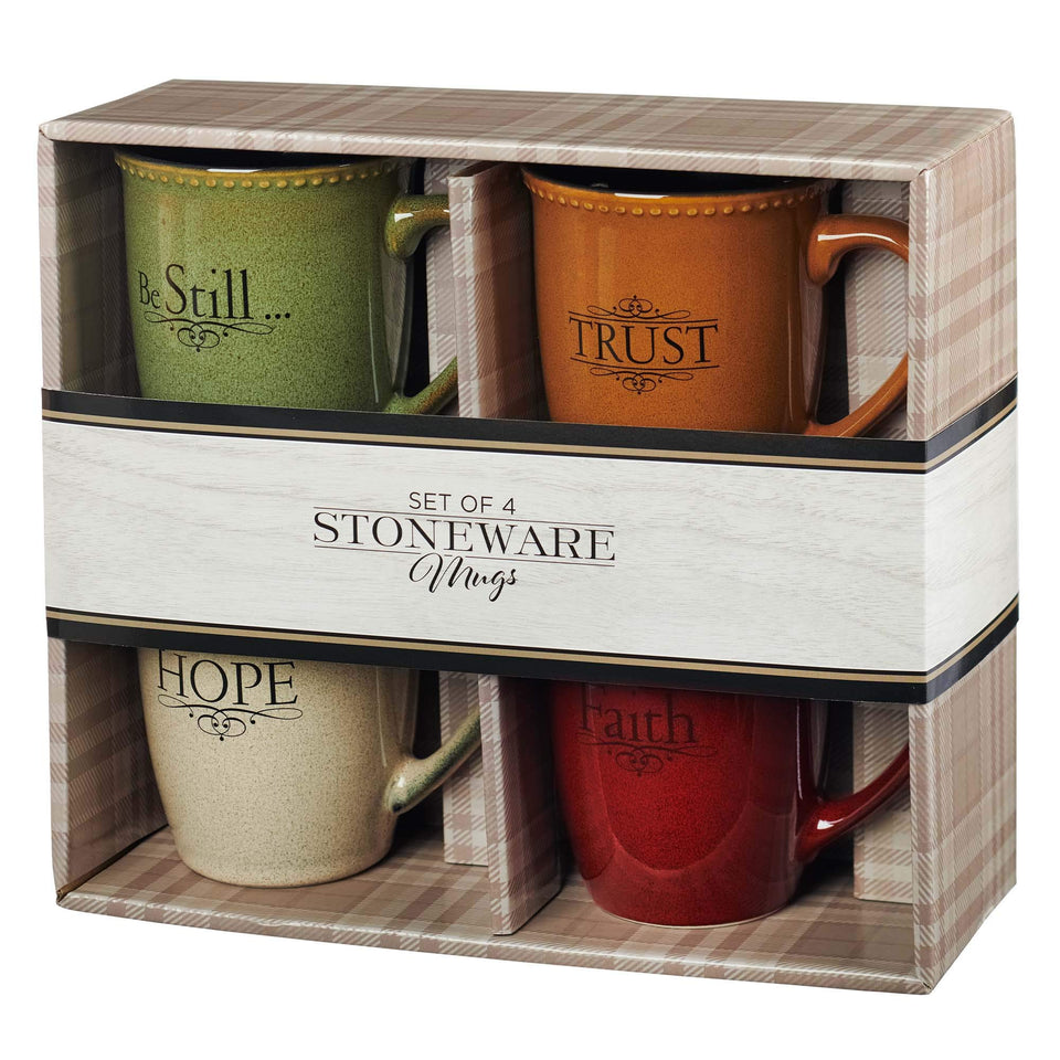 Christian Art Gifts paprika red mug featuring Scripture and raised rim dots for daily inspiration.