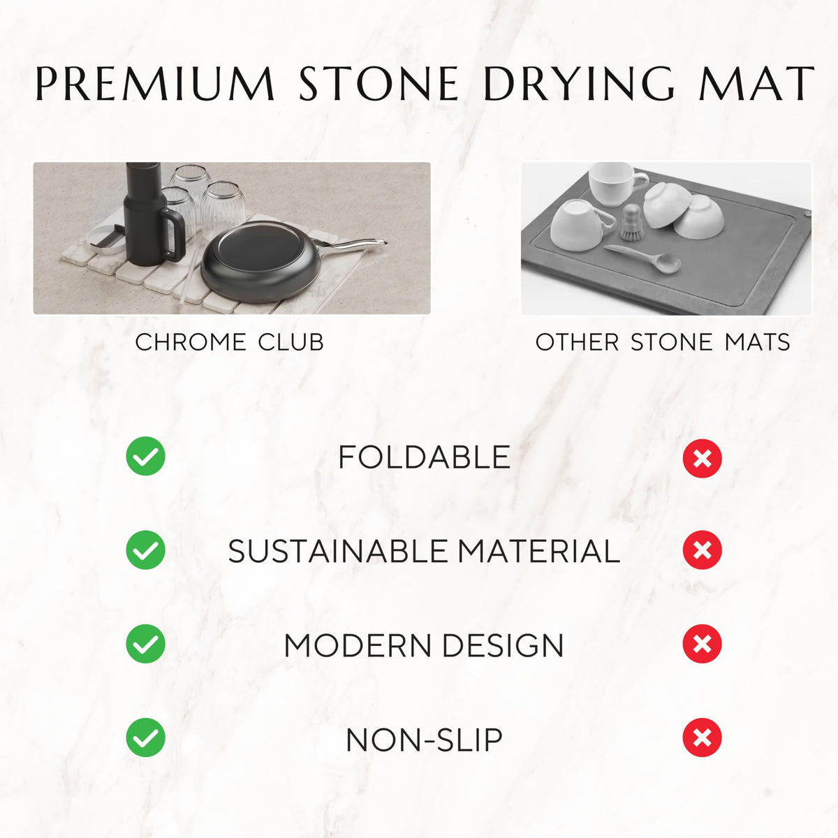 CHROME CLUB Stone Drying Mat folded for compact storage in a cabinet