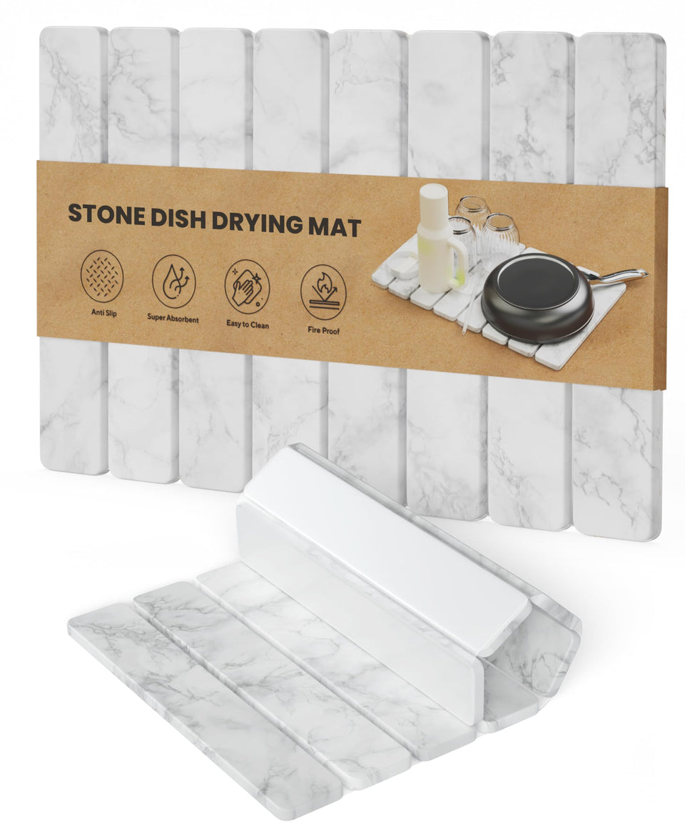 CHROME CLUB Stone Drying Mat on kitchen counter showing quick absorption and clean surface