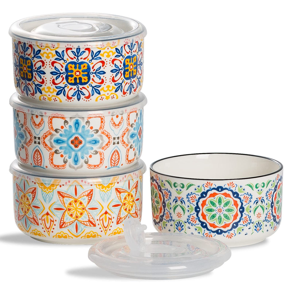 Chubacoo ceramic bowl with lid design B, 4-pack, ideal for meal prep and storage.