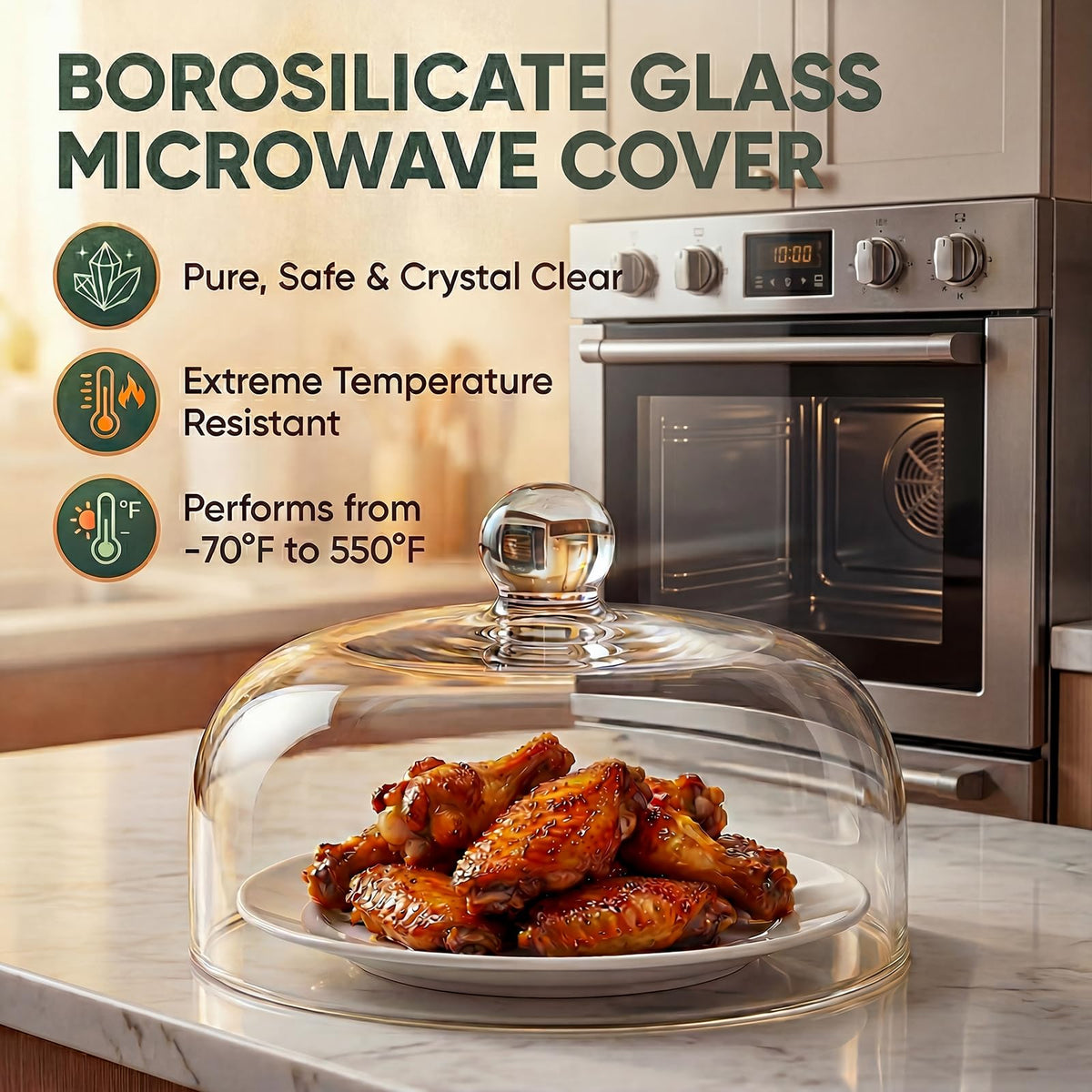 Chufa 12-inch borosilicate lid on plate shows fit for larger plates and bowls