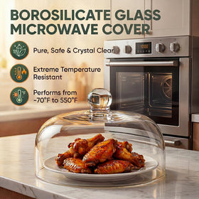 Chufa 12-inch borosilicate lid on plate shows fit for larger plates and bowls