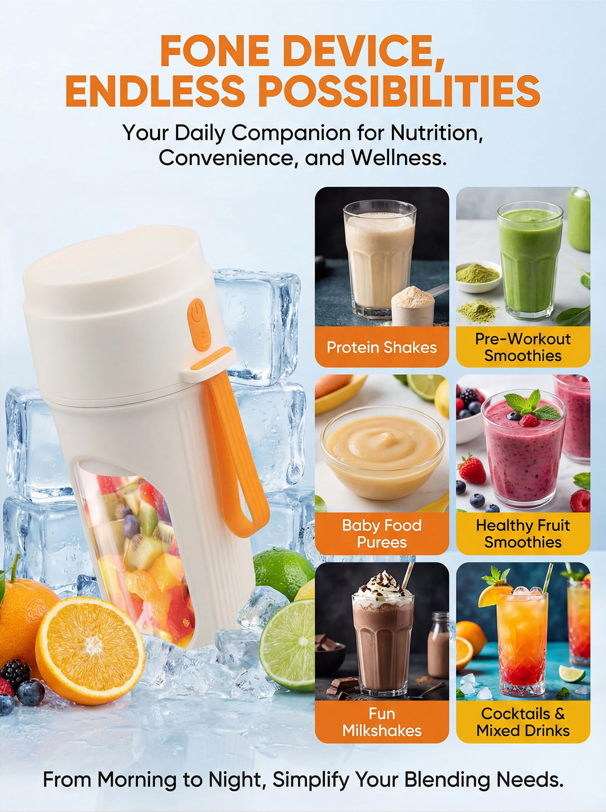 Chufa orange portable blender ready for smoothies, shakes, and baby food