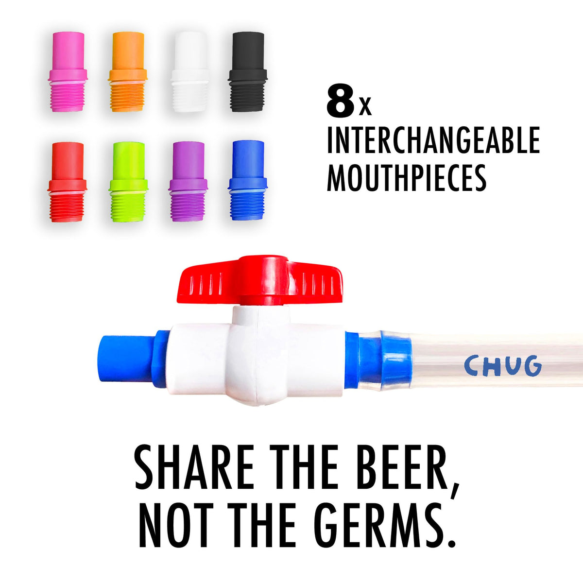 Chug Buddy mouthpieces in four colors for quick switches and cleaner sharing.
