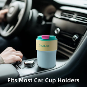 ChugJug teal mug fits most car cup holders for travel and commuting.