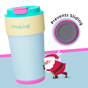 ChugJug teal mug with leak-proof lid prevents spills in bag or car.