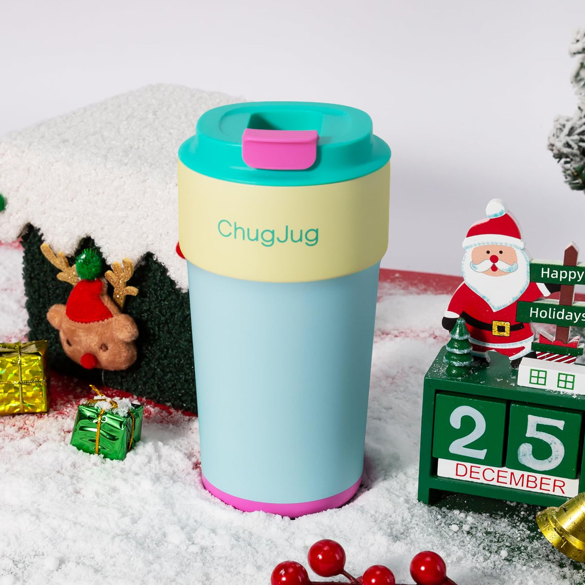ChugJug teal mug wide-mouth design offers easy cleaning and filling.