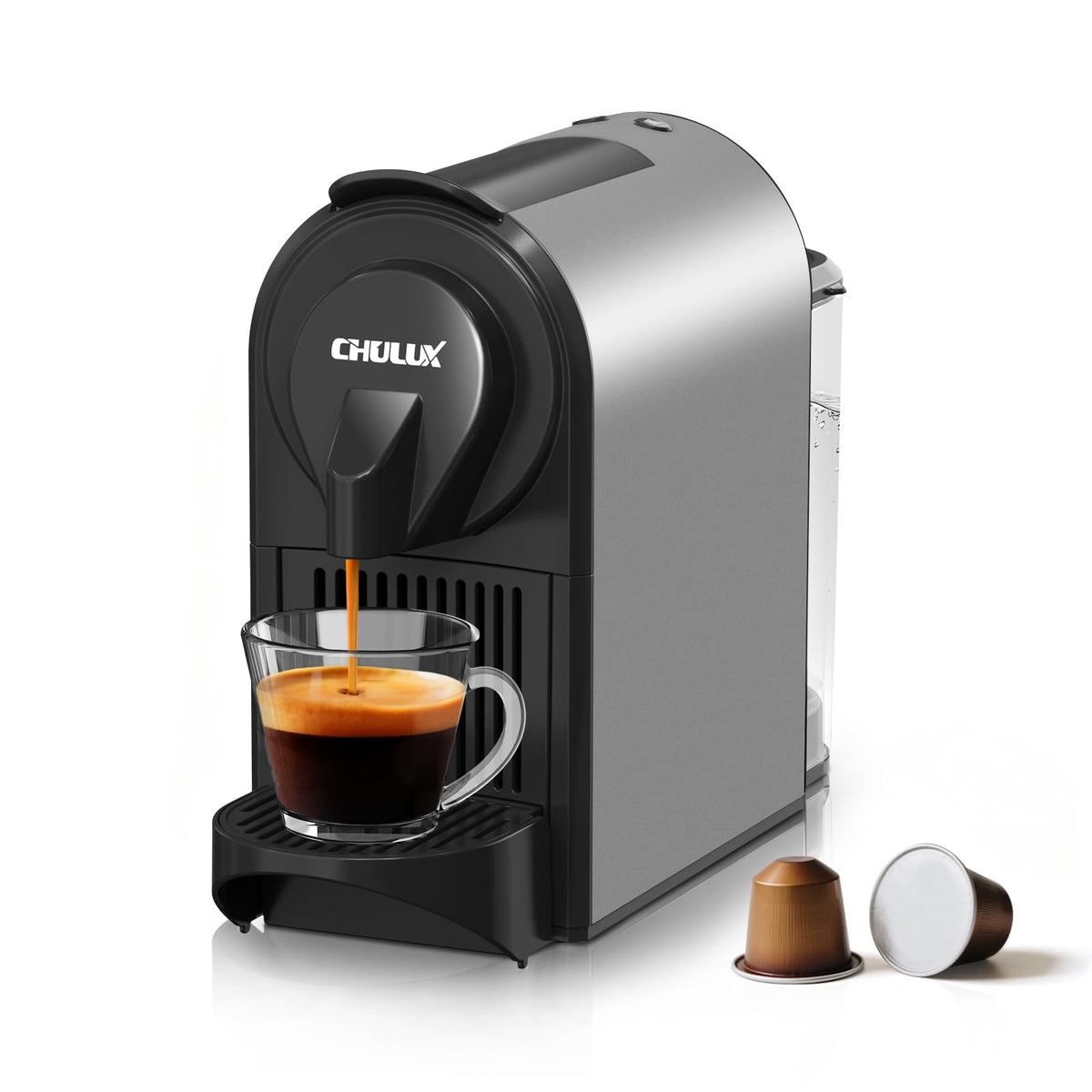 CHULUX Compact Espresso Machine front view in Mystic Gray, ideal for café-style espresso at home.