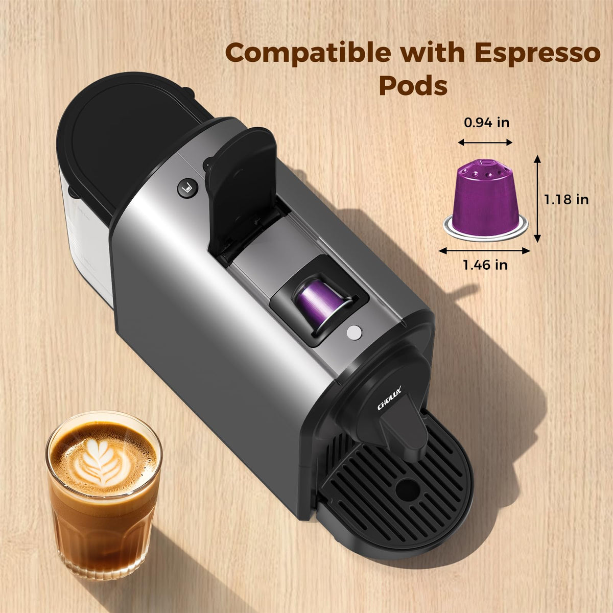 CHULUX compact espresso machine side view shows slim profile for small kitchens.