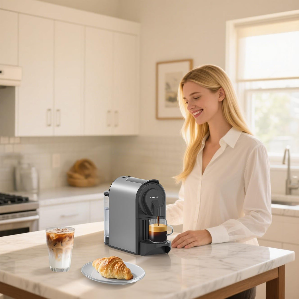CHULUX dual brew modes espresso and lungo for versatile coffee moments.