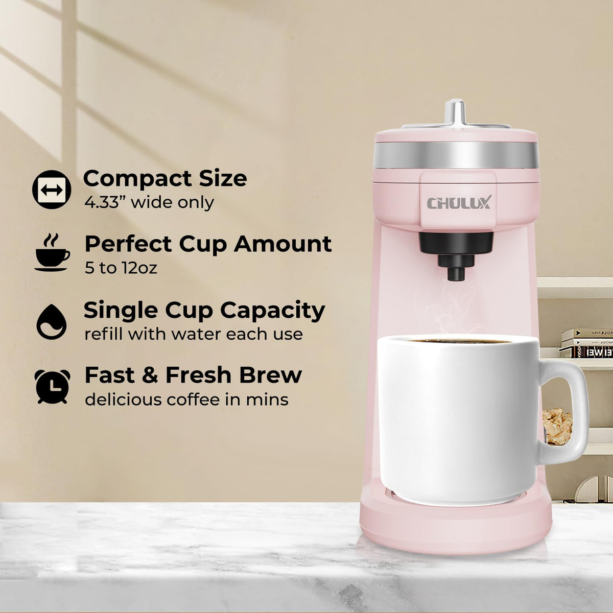 Dusty Rose CHULUX on a counter highlighting space-saving design
