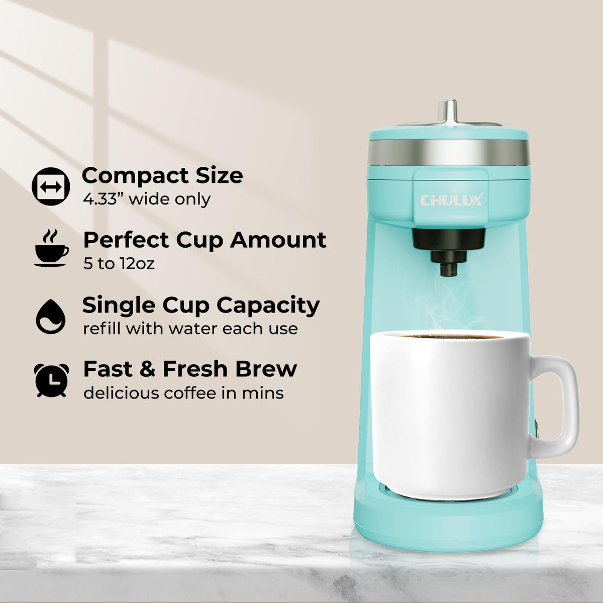 CHULUX Mini Coffee Maker showing one-button brew for fast morning coffee.