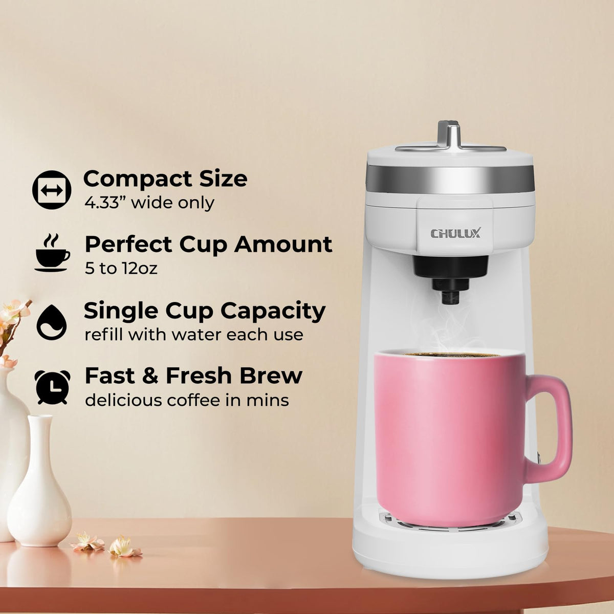 CHULUX mini coffee maker features a one-button brew for fast, effortless coffee at home or office.