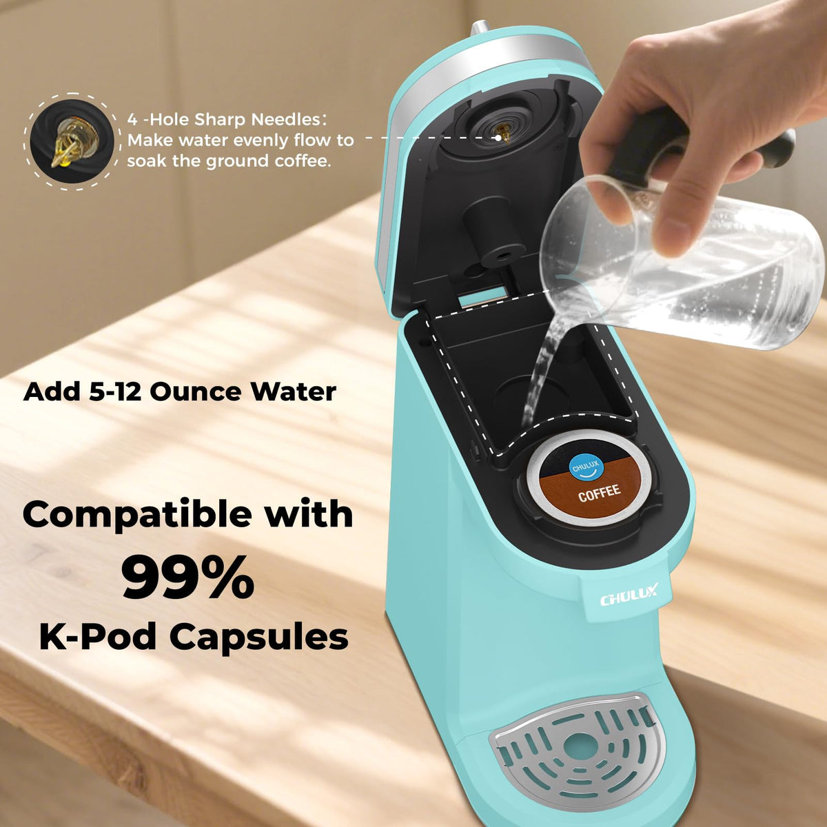 CHULUX Mini Coffee Maker is portable for travel, office, or hotel stays.