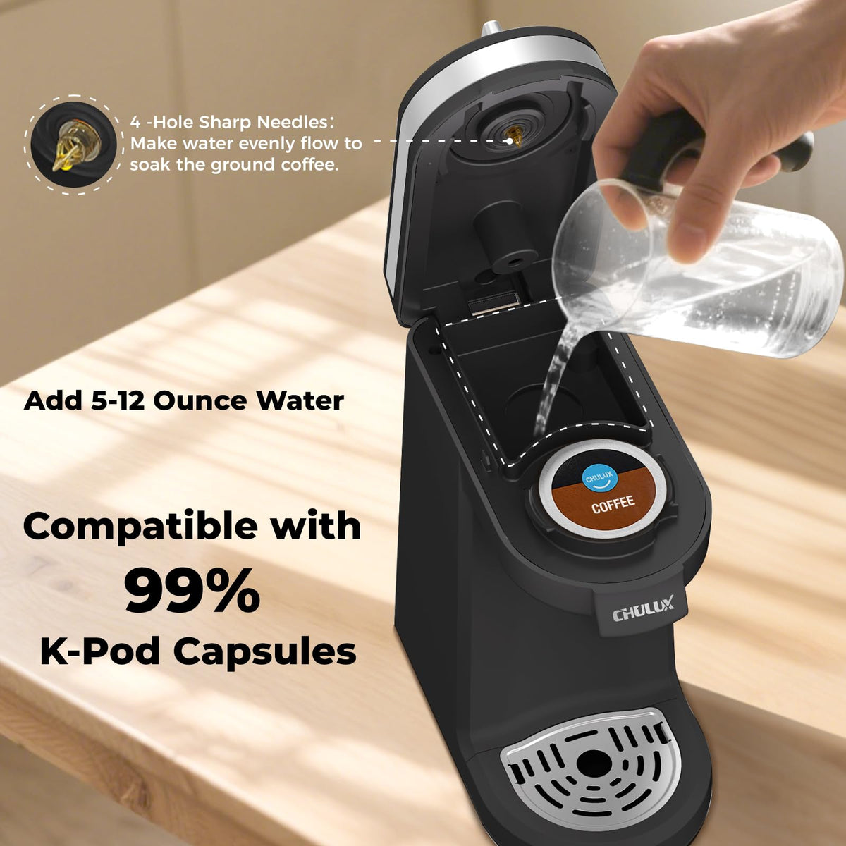 CHULUX rapid brew achieves a hot cup in minutes for busy mornings.