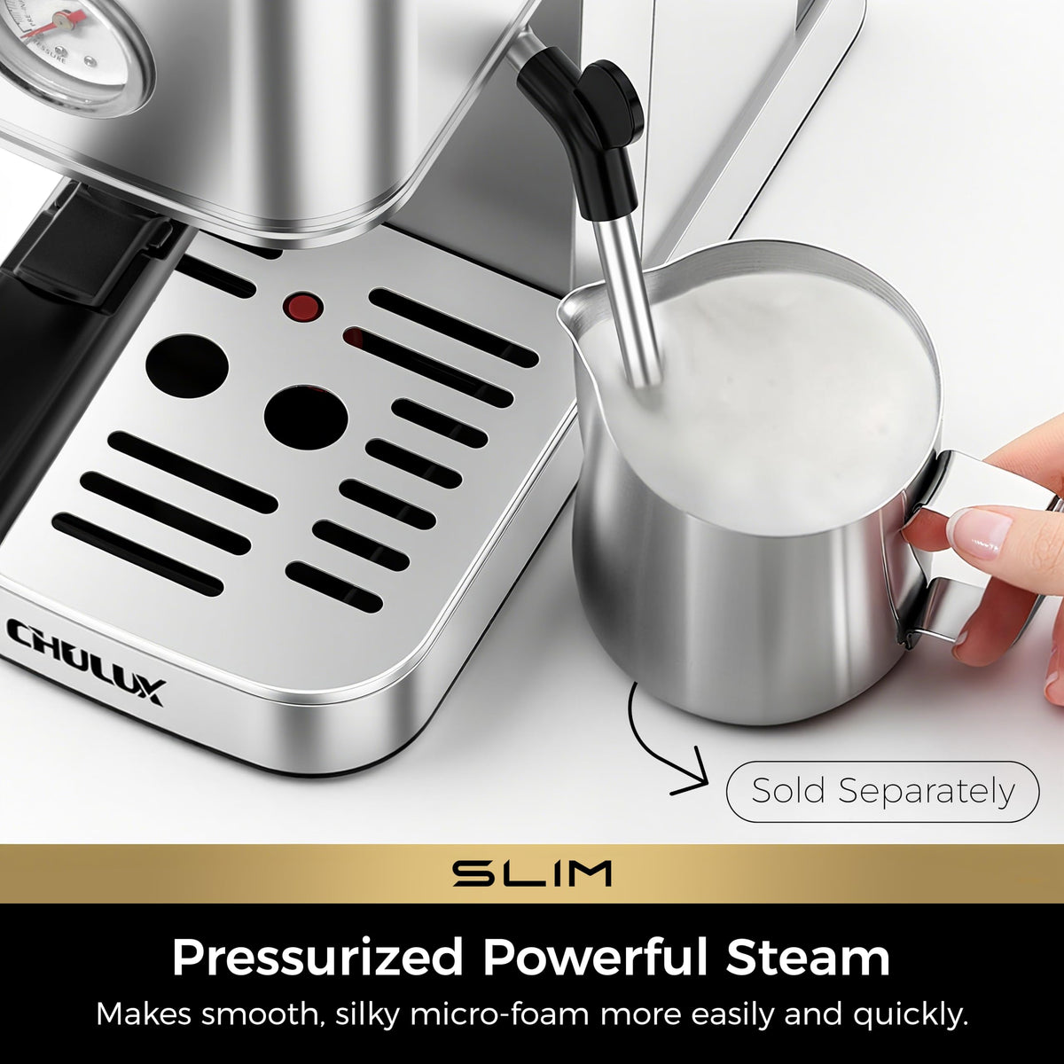 CHULUX Slim Espresso Machine steam wand in action for lattes and cappuccinos
