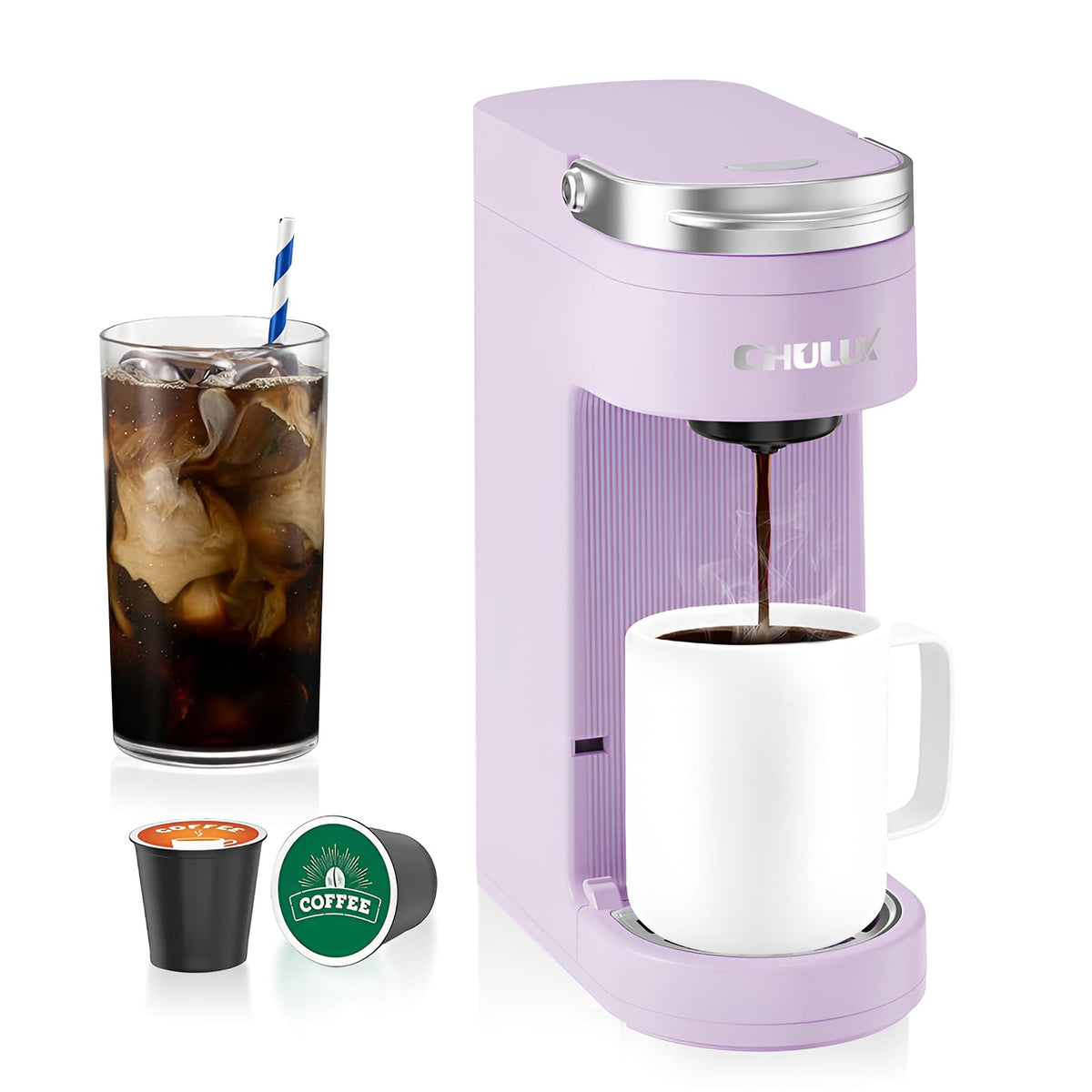 CHULUX Slim single-serve coffee maker front view in lavender showing compact design and controls for easy use