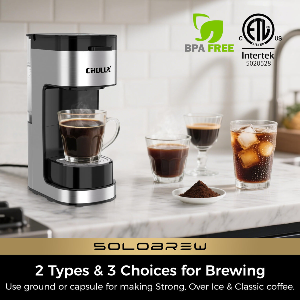 CHULUX SoloBrew control panel highlights Strong, Over Ice, Classic options.