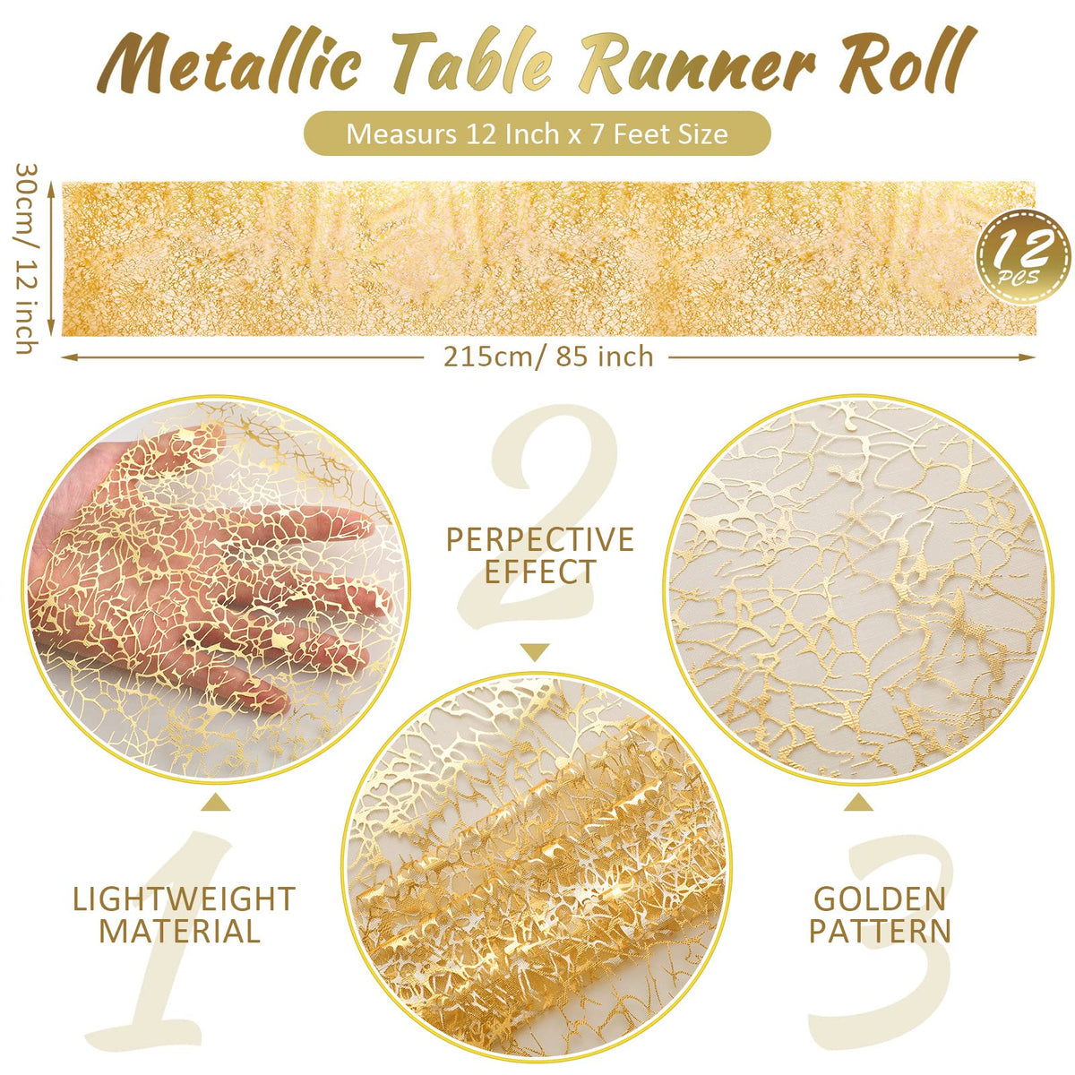 Chumia 12x85 inch gold runner showcases glittery fabric for festive weddings and events