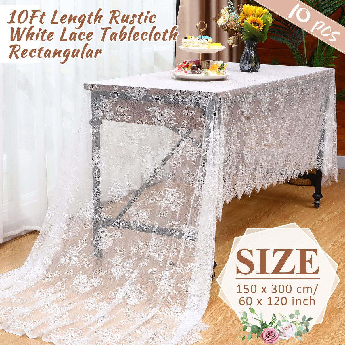 Chumia white lace tablecloth with embroidery detail enhances centerpiece presentation.