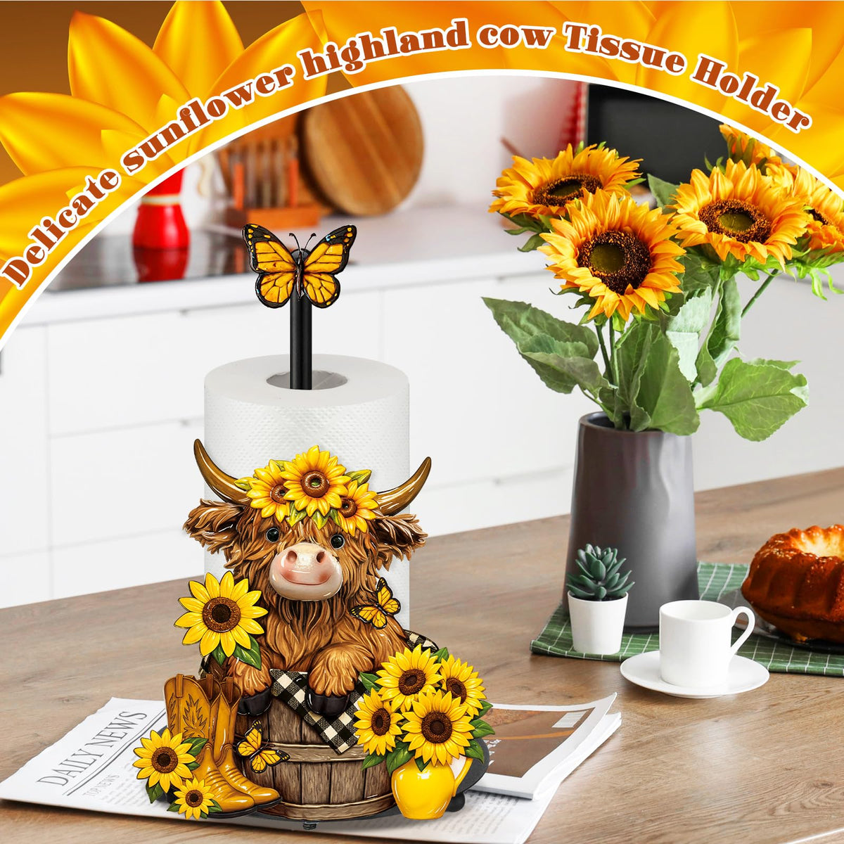Gift-ready Highland cow sunflowers towel holder for holidays or housewarmings.