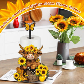 Gift-ready Highland cow sunflowers towel holder for holidays or housewarmings.