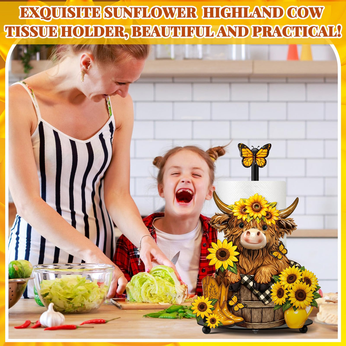 Sturdy metal Highland cow towel stand with weighted base for stability on countertops.