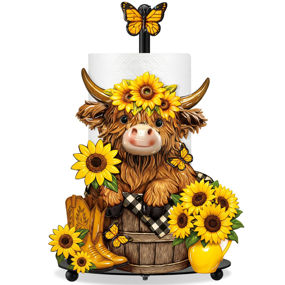 Chunful Highland cow paper towel holder with sunflowers adds rustic charm to the kitchen.