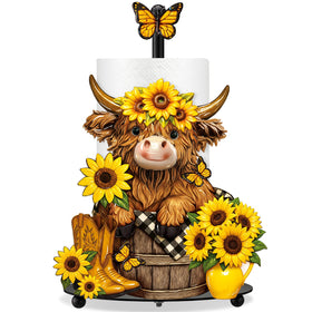 Chunful Highland cow paper towel holder with sunflowers adds rustic charm to the kitchen.