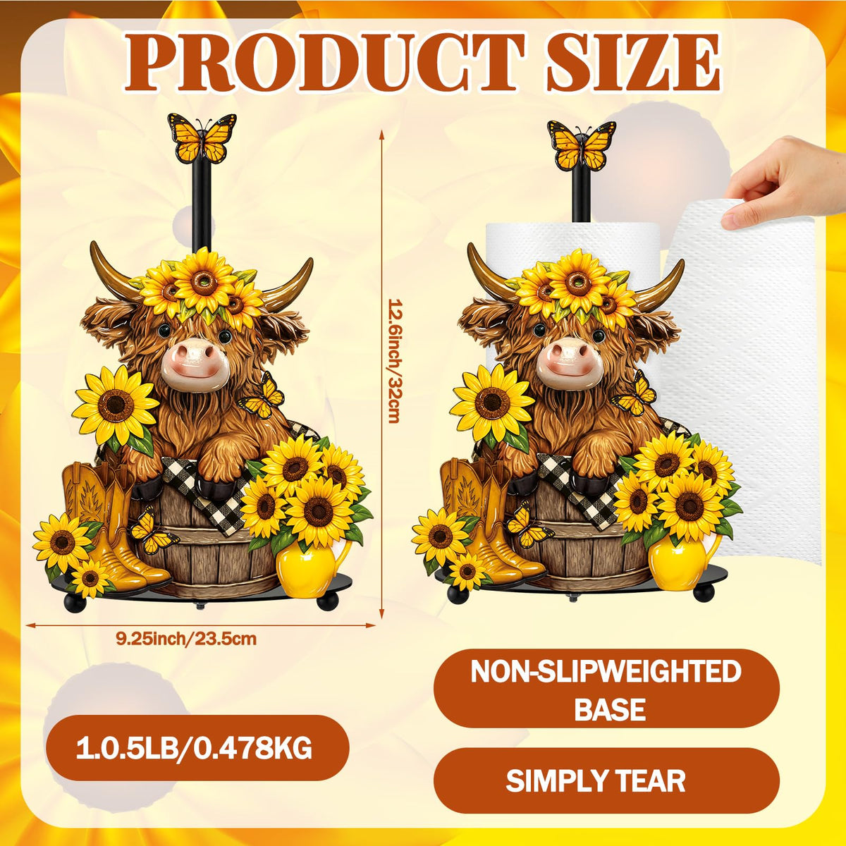 Sunflower and Highland cow top detail enhances farmhouse mood.