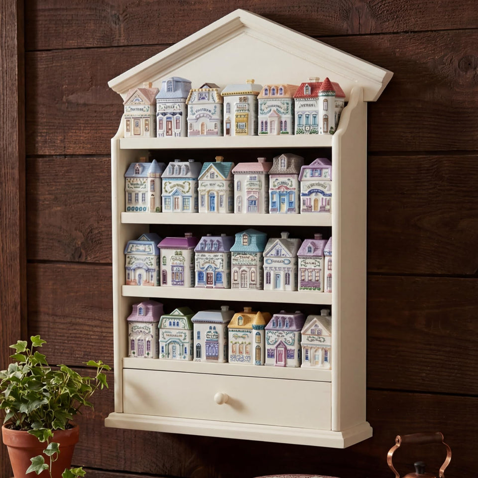 Chunful vintage spice rack on wall with 4 shelves and drawer for organized jars.
