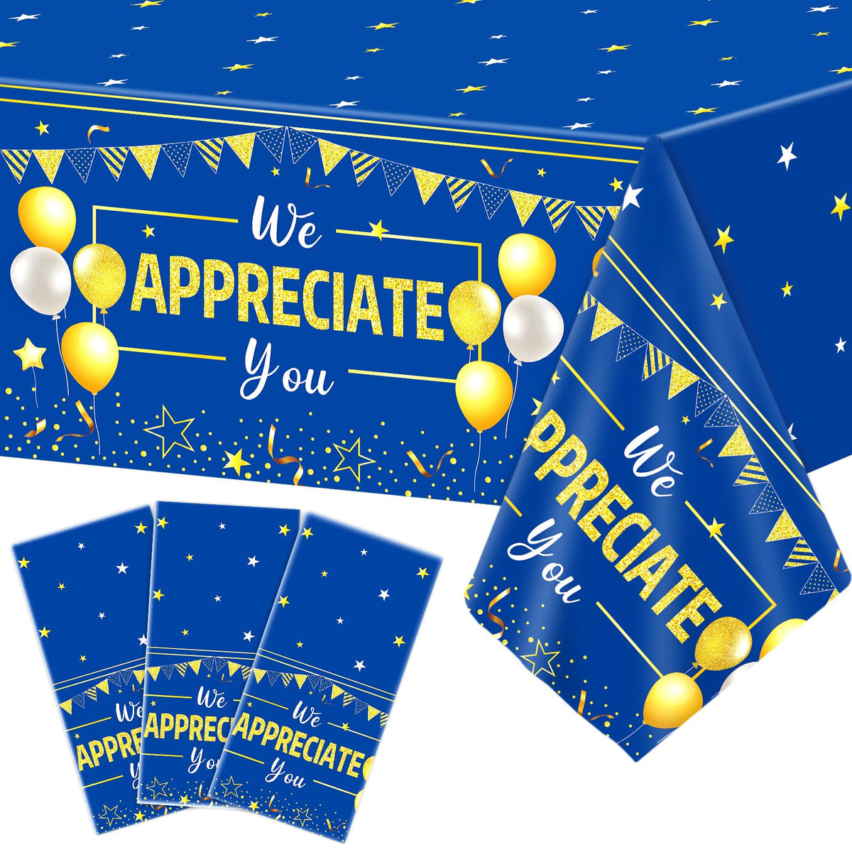 CHUNNIN packaging shows three elegant blue and gold We Appreciate You tablecloths