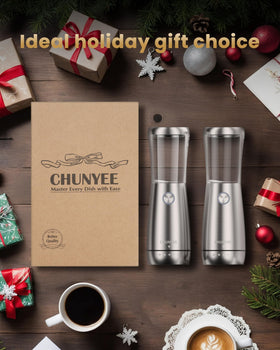 Chunyee pepper grinder close-up highlighting large capacity for extended seasoning.