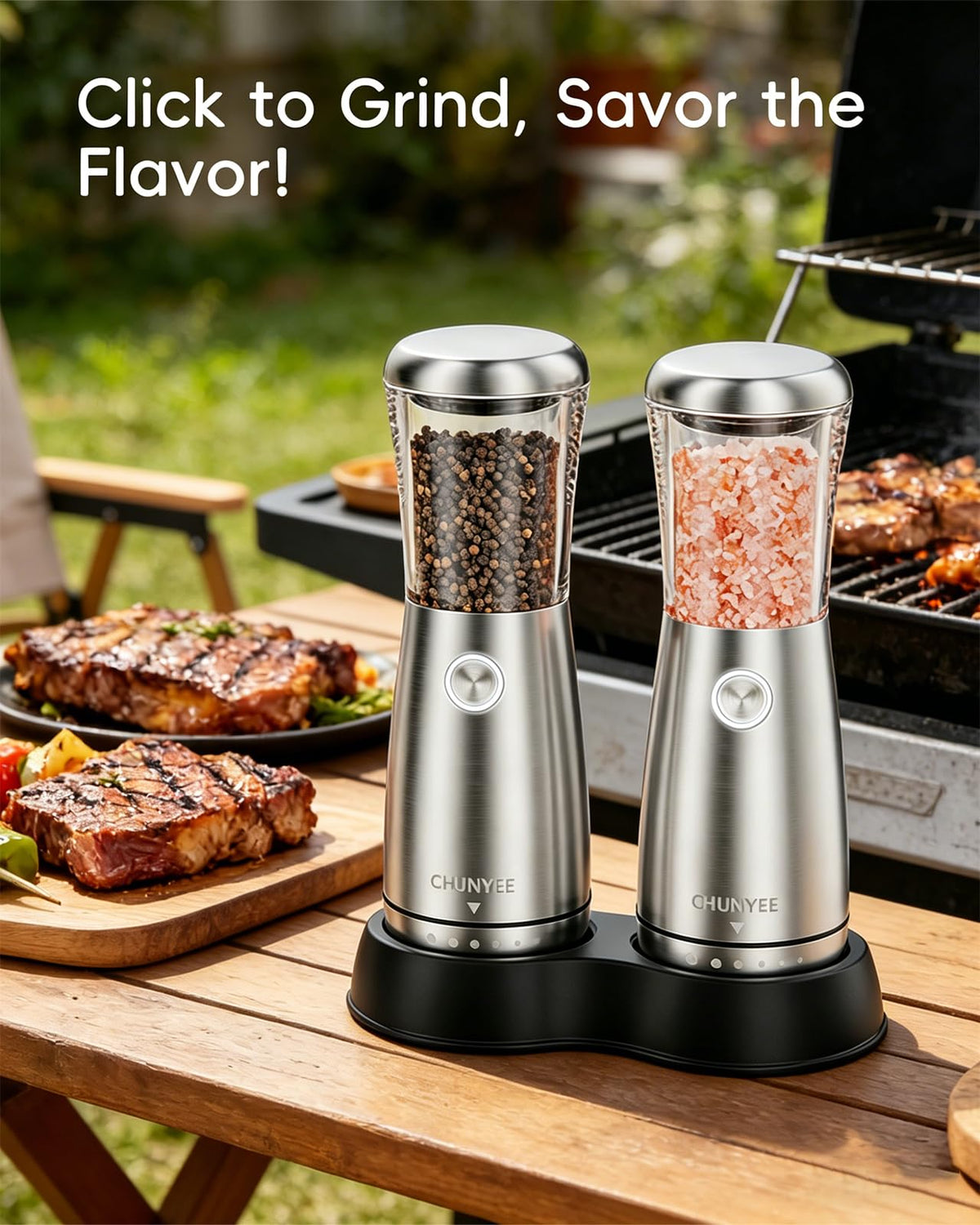 Chunyee salt grinder close-up highlighting the smooth stainless steel finish.