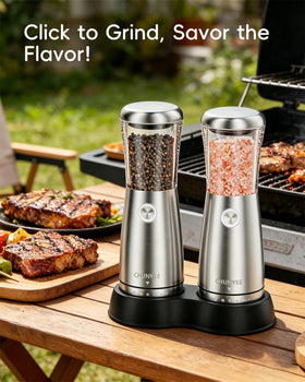 Chunyee salt grinder close-up highlighting the smooth stainless steel finish.