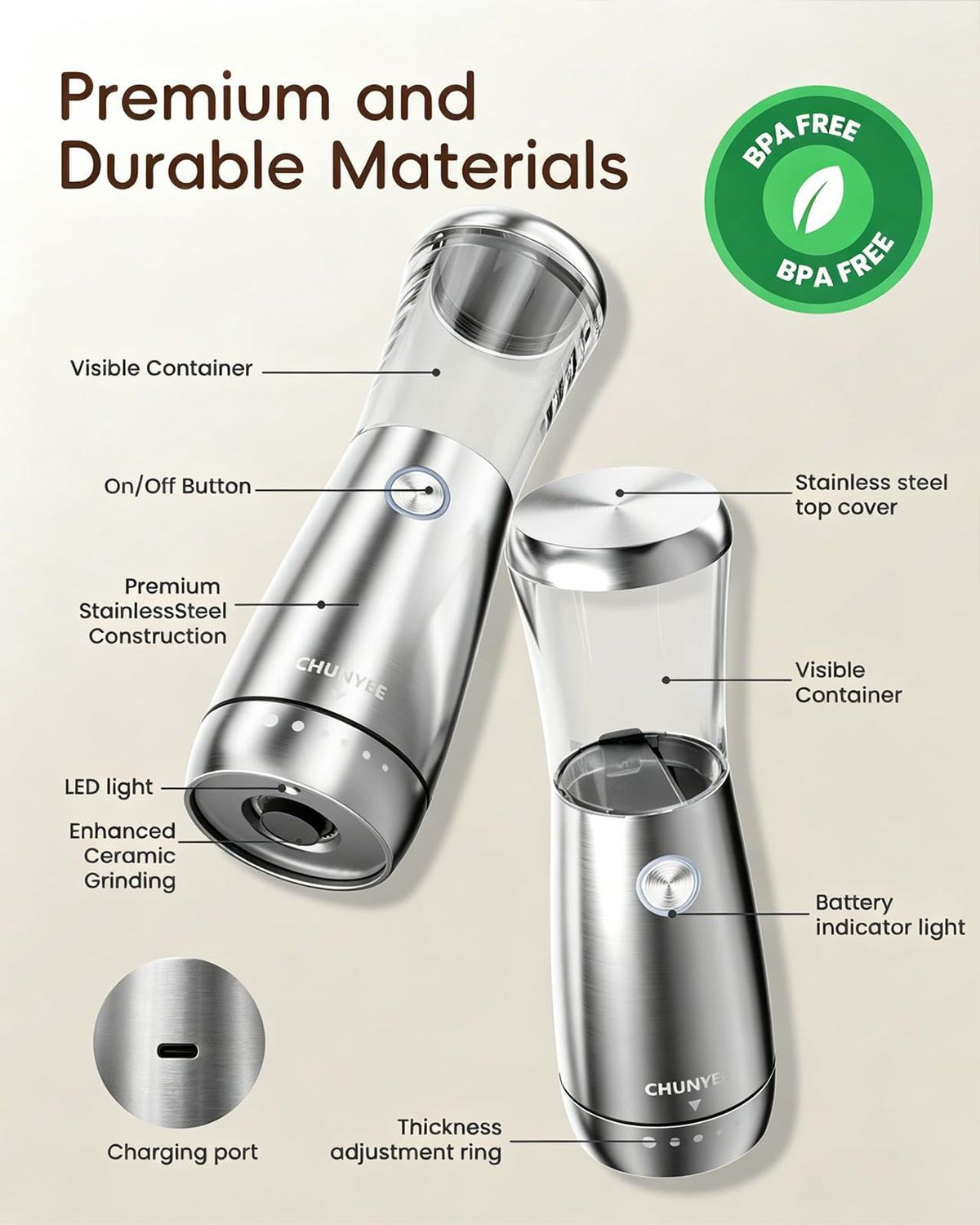 Chunyee grinder with USB-C charging port enables fast, convenient recharging.