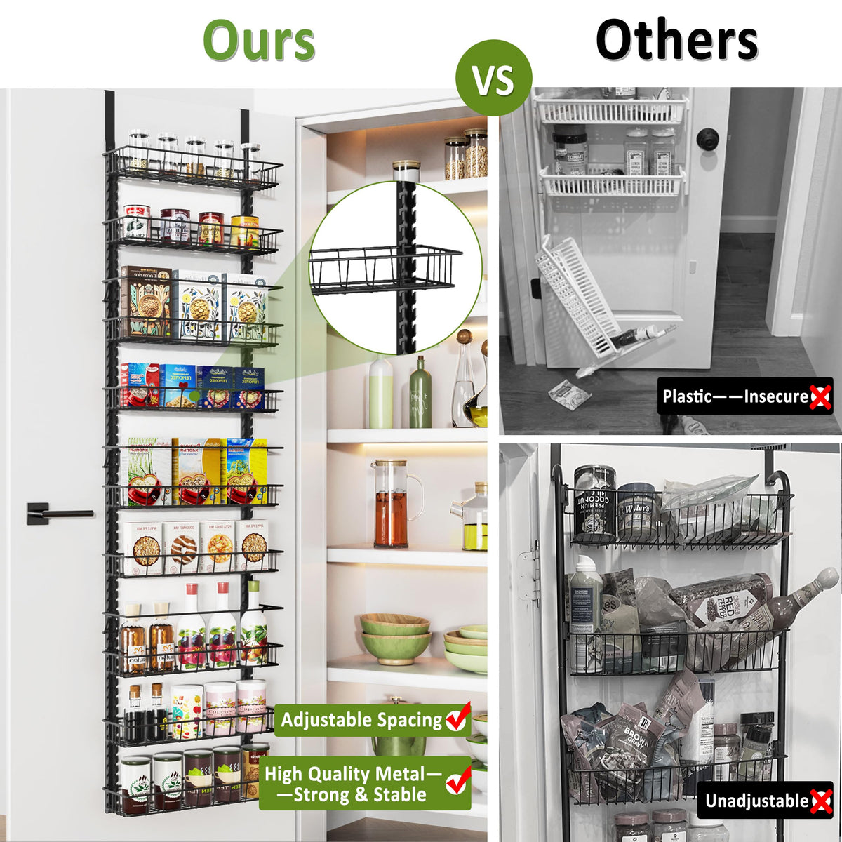 Churboro adjustable shelves adapt height to cans and bottles.