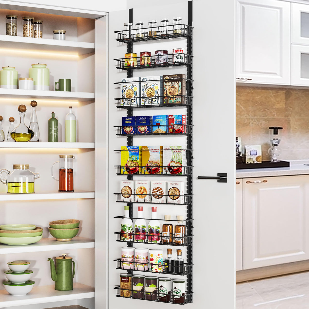Churboro over-the-door pantry organizer with nine baskets for compact kitchen storage.