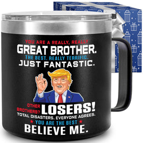 CHUSUKASU 14oz brother gift mug front view, showcasing durable insulation for hot coffee on the go