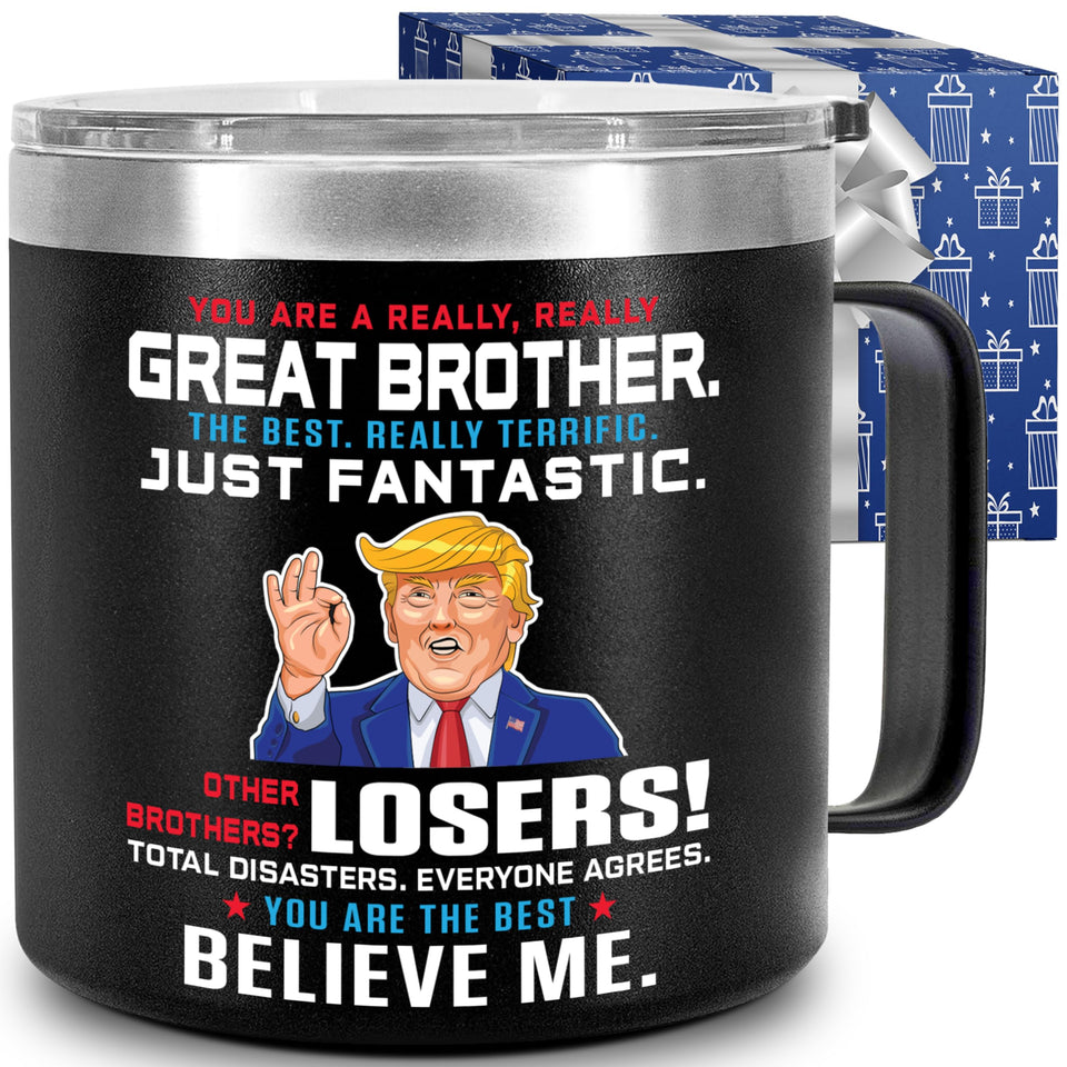 CHUSUKASU 14oz brother gift mug front view, showcasing durable insulation for hot coffee on the go